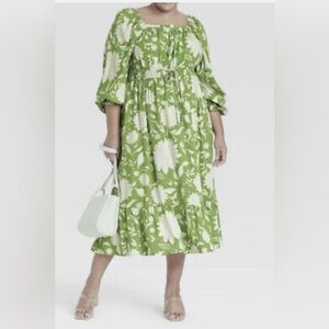 Ava & Viv Women Prairie Boho Green Floral Smock Maxi Dress